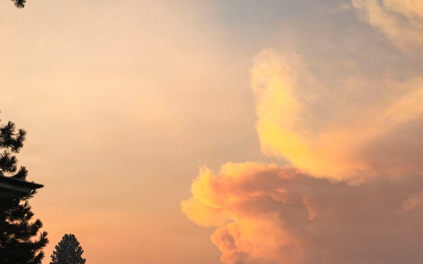 Pyrocumulus cloud rises over wildfire incident command post in Pacific Northwest forest
