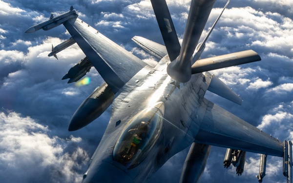 KC-135 refuels F-16s in support of regional security