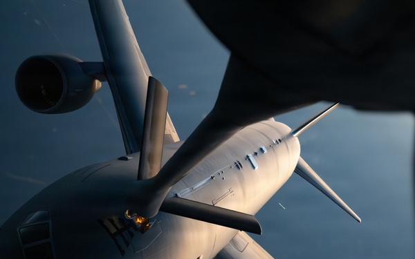 KC-135 refuels F-16s and a KC-46 in support of regional security
