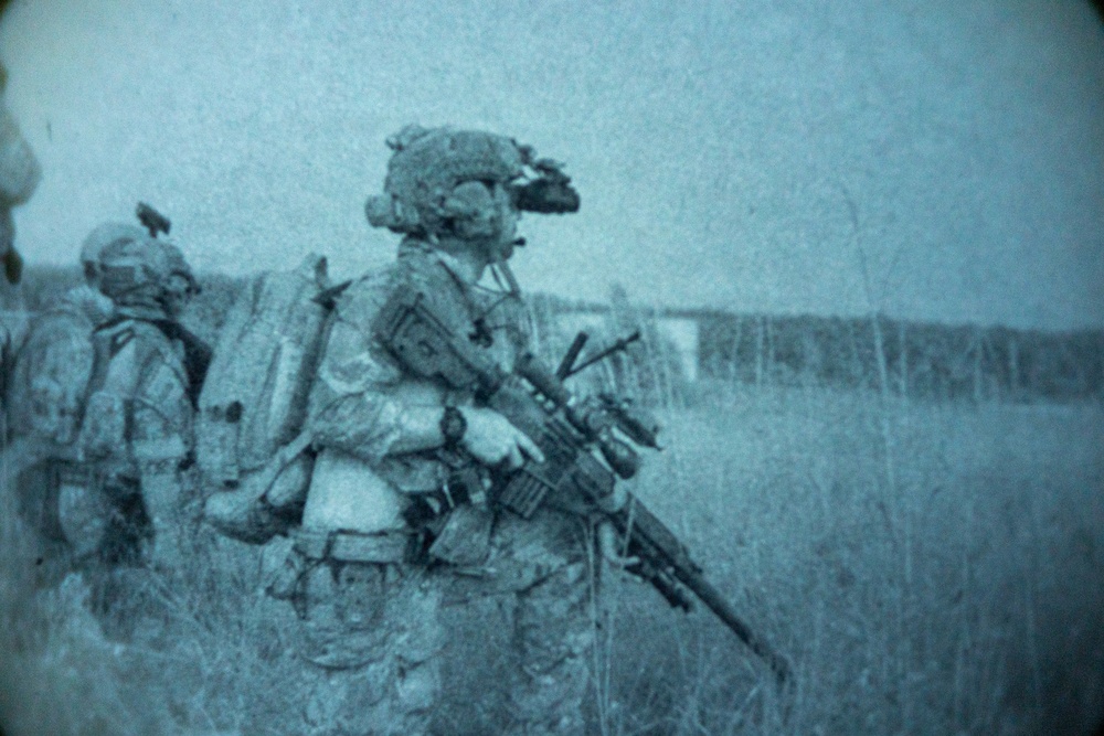 The image shows two heavily equipped soldiers in full combat gear standing in an open field with tall grass. The photo has a distinctive blue-tinted, grainy quality consistent with night-vision device photography or a thermal/NVG-filtered camera. The soldiers appear to be on patrol or conducting a tactical movement.