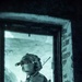A military or law enforcement operator is visible through a window opening in a stone or brick structure, photographed under night-vision or infrared imaging conditions. The subject is equipped with tactical gear including a helmet-mounted night vision device, body armor, and a slung long-arm weapon. The teal-green monochromatic tone is characteristic of night-vision optics or post-processing to simulate such imagery.