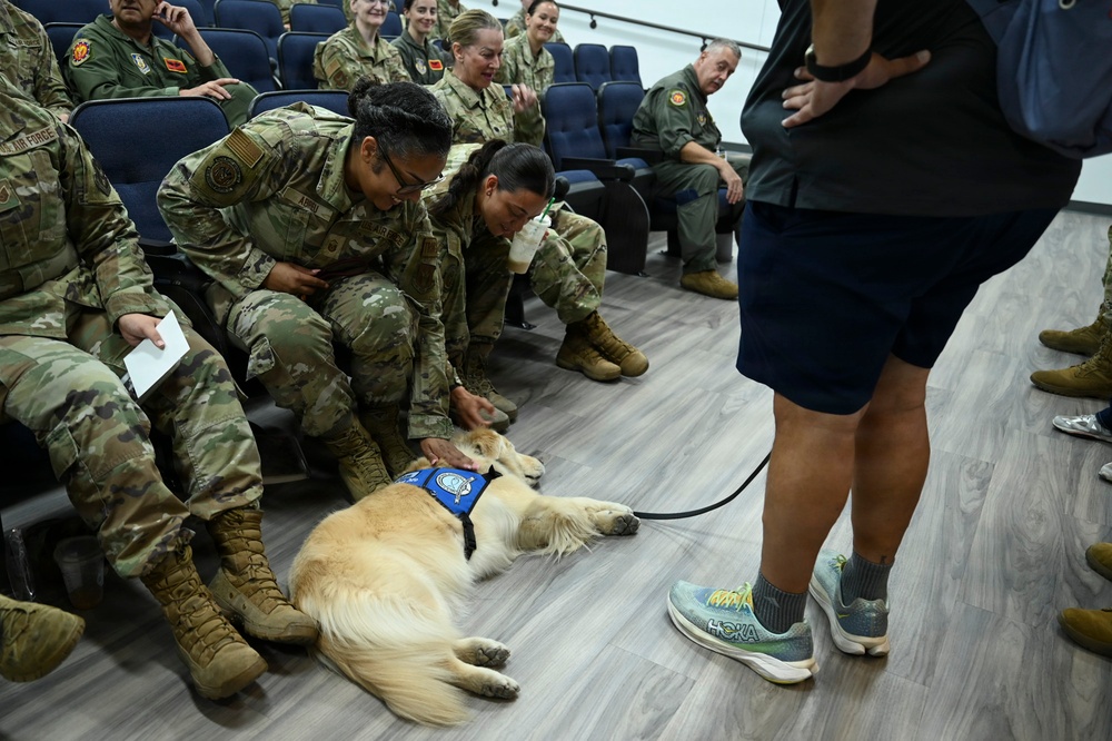 Military personnel in camouflage uniforms are interacting with a therapy or service dog, a golden retriever wearing a blue vest, in what appears to be a briefing room or auditorium. The dog is lying on the floor while two service members crouch down to pet it, with others smiling and watching in the background. A civilian handler holds the dog's leash nearby.