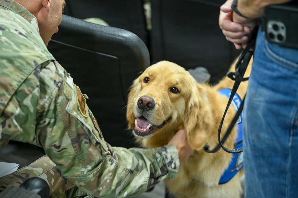 A golden retriever wearing a blue service/therapy dog vest is being petted by a military service member in OCP (Operational Camouflage Pattern) uniform. The dog appears happy and engaged, with its mouth open in what appears to be a relaxed, friendly expression. This appears to be a therapy dog visit at a military installation or event.
