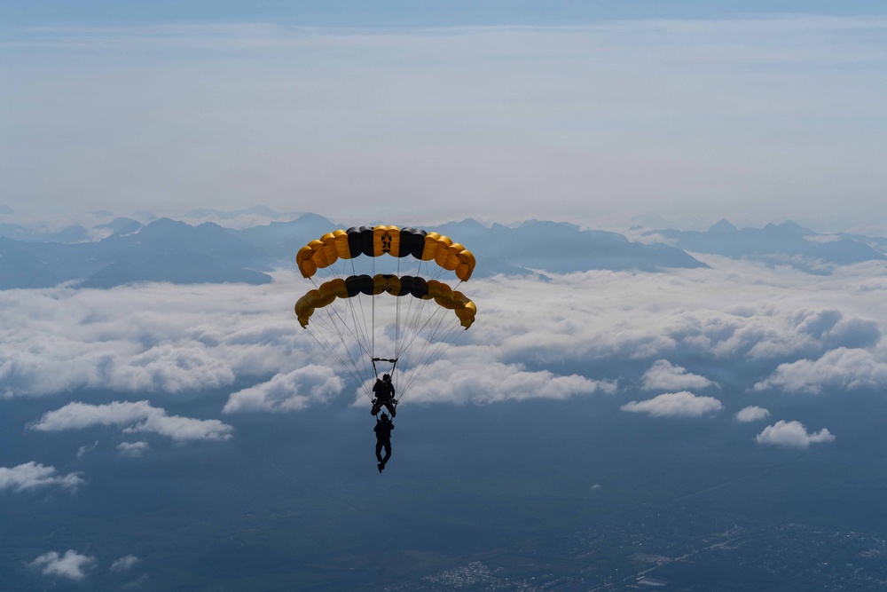 Two skydivers are performing a tandem parachute jump using a distinctive black and gold dual-canopy parachute system. They are descending above a cloud layer with a mountainous landscape visible in the background. The parachute design and color scheme suggest this may be a military or professional demonstration team.