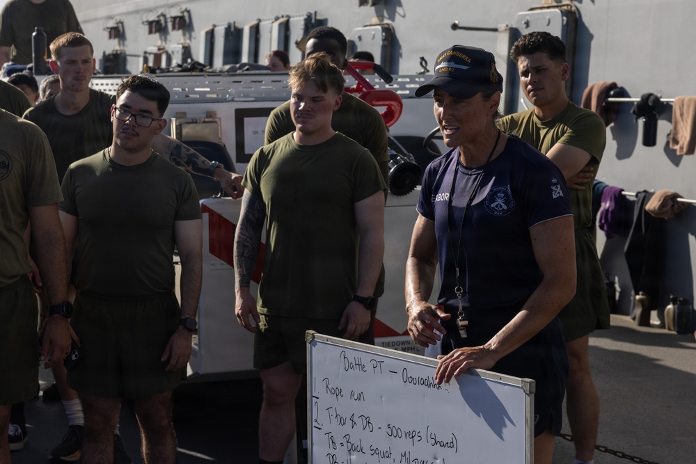 MRF-D Marines conduct group physical training aboard HMAS Canberra