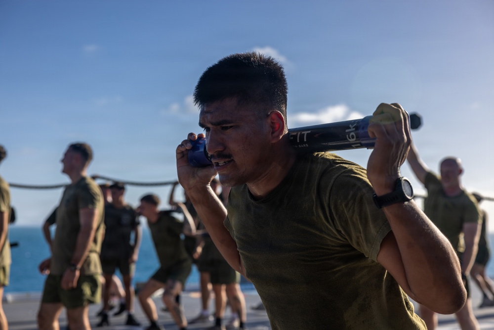 MRF-D Marines conduct group physical training aboard HMAS Canberra