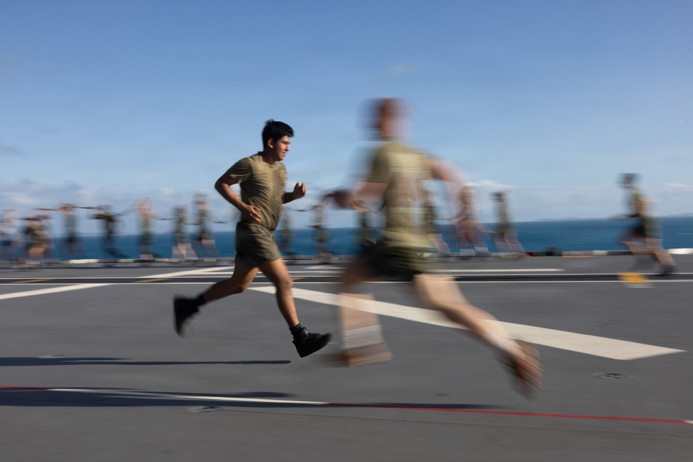 MRF-D Marines conduct group physical training aboard HMAS Canberra