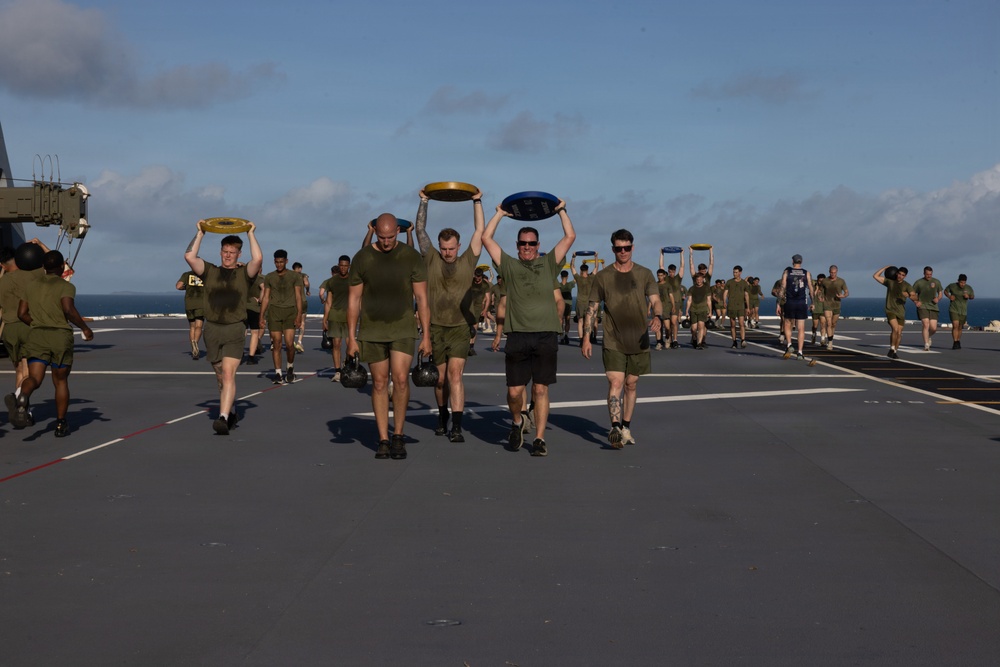 MRF-D Marines conduct group physical training aboard HMAS Canberra