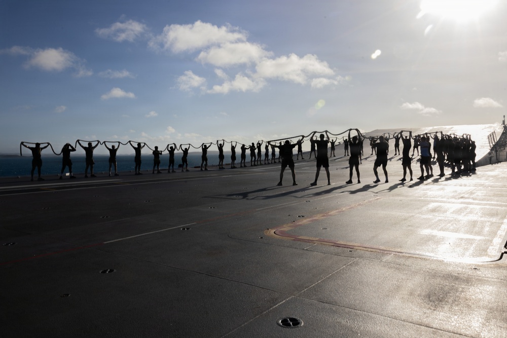 MRF-D Marines conduct group physical training aboard HMAS Canberra