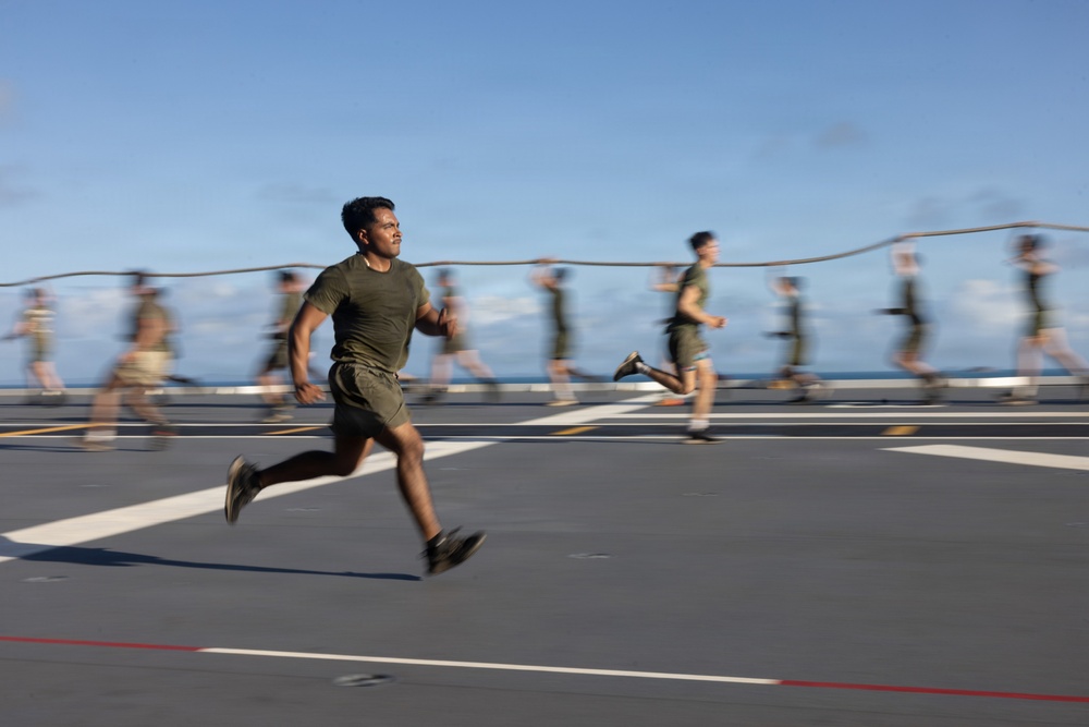 MRF-D Marines conduct group physical training aboard HMAS Canberra
