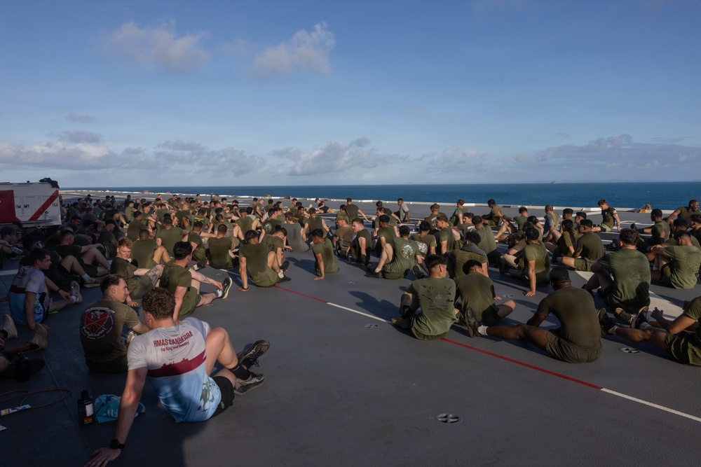 MRF-D Marines conduct group physical training aboard HMAS Canberra