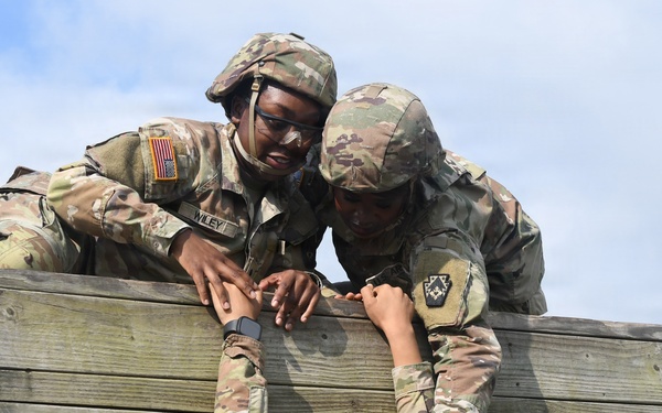 Three soldiers in U.S. Army OCP (Operational Camouflage Pattern) uniforms are working together to scale a wooden wall obstacle, likely part of a military training course. Two soldiers at the top are pulling up a third soldier from below, demonstrating teamwork and physical training. A name tape reading 'WILEY' is visible on one of the soldiers.