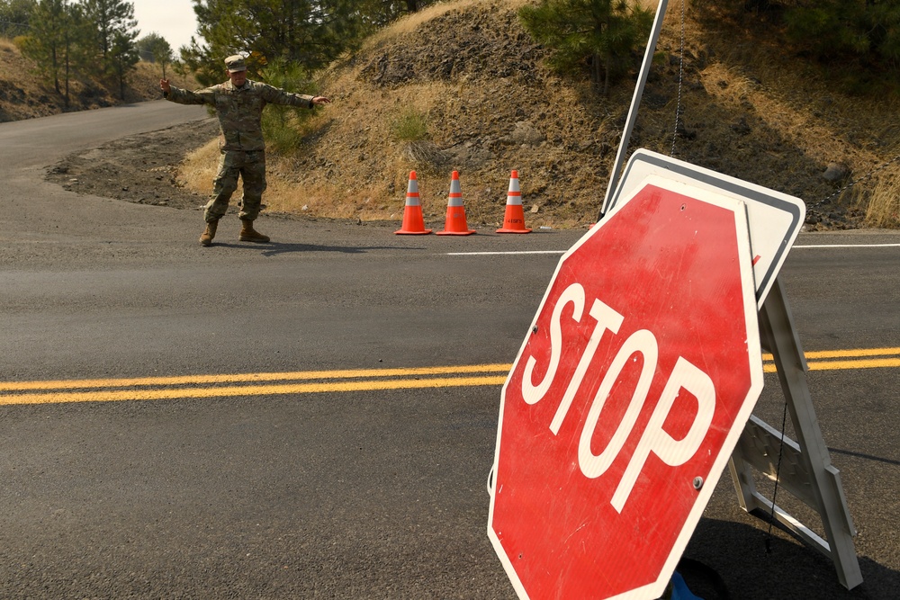 A military or law enforcement personnel in camouflage uniform is directing traffic at a road checkpoint. A portable stop sign is prominently placed in the foreground on a two-lane road, with orange traffic cones visible in the background. The setting appears to be a rural or semi-rural area with dry vegetation and trees on a hillside.