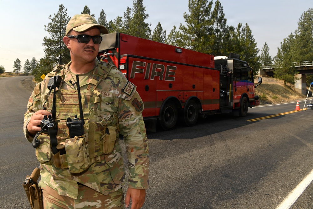 A U.S. Air Force Security Forces (SF) member in OCP (Operational Camouflage Pattern) uniform stands on a rural road holding a Motorola radio, wearing sunglasses and a tactical vest. Behind him is a large red fire truck with 'FIRE' lettered on its side, positioned on the road surrounded by pine trees. The scene suggests a joint military and fire department response operation, possibly related to wildfire management.