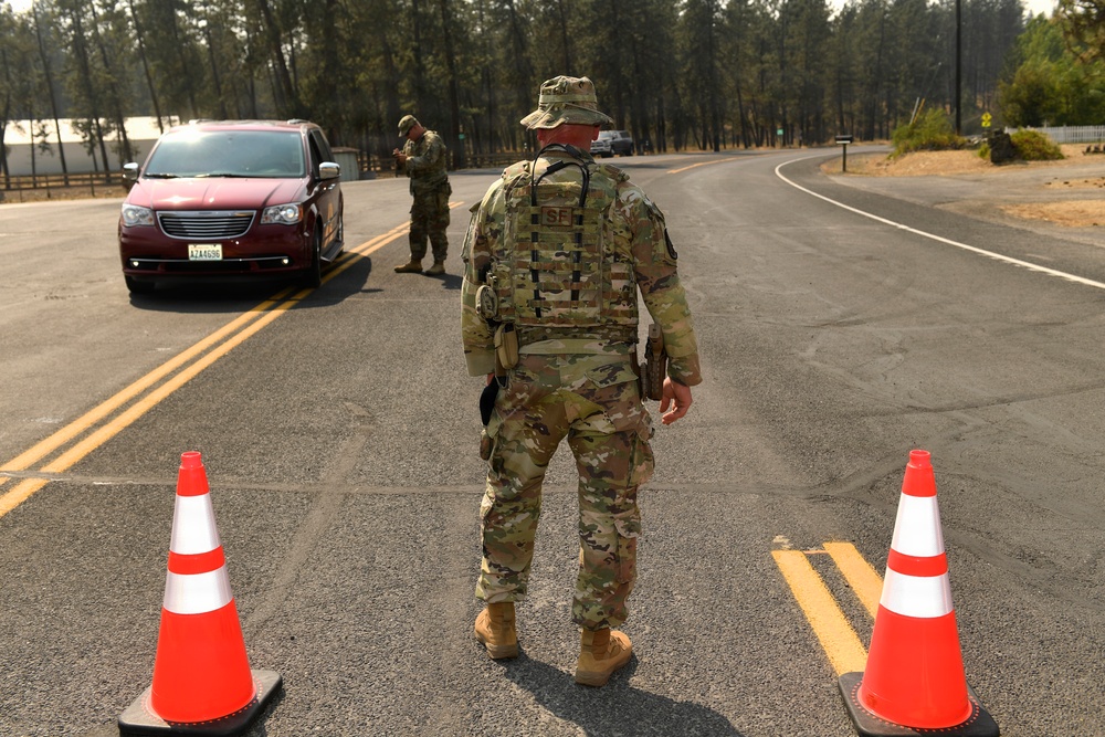 Military or law enforcement personnel in camouflage uniforms are manning a road checkpoint, stopping vehicles for inspection. Two personnel are visible, with one standing between traffic cones in the foreground and another approaching a dark red minivan. The surrounding area shows scorched or fire-damaged trees, suggesting this checkpoint may be related to wildfire emergency response or evacuation control.