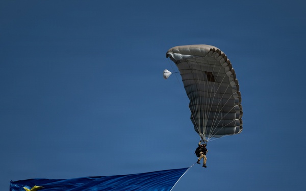 Alaska Air National Guard pararescuemen conduct aerial demonstrations for the opening ceremony of the Arctic Thunder Open House 2026