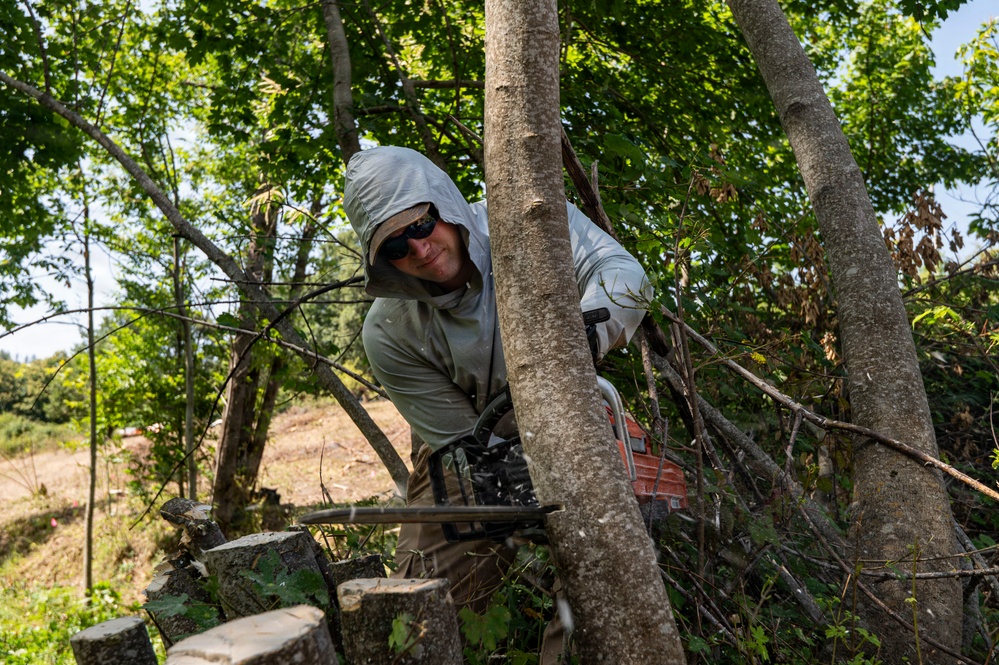 A person wearing a hooded light-colored jacket, sunglasses, and gloves is actively cutting trees using a chainsaw in a wooded outdoor area. Several tree stumps are visible in the foreground, indicating ongoing clearing or logging work. The setting appears to be a sunny day in a mixed woodland or overgrown area.
