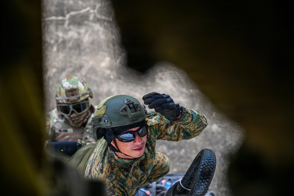 Two military personnel are visible in a tactical environment, photographed through a gap or opening in a structure. The foreground soldier wears a green FAST-style helmet, sunglasses, black tactical gloves, and a digital camouflage uniform, with one hand raised. A second soldier in the background wears a multicam uniform with a helmet and protective goggles.