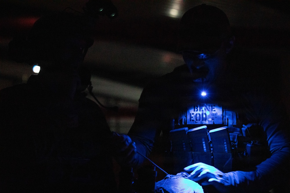 A low-light image showing what appears to be military or law enforcement personnel conducting a close-up technical task in near-darkness. Blue illumination from a mounted light source reveals tactical gear with 'BRAVE EOD' stenciled text, suggesting Explosive Ordnance Disposal personnel. The operators appear to be examining or manipulating an object on a surface using focused lighting.