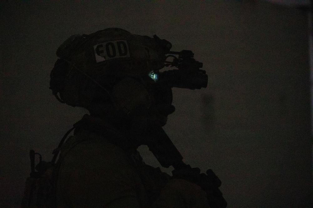 A silhouetted figure wearing tactical military/law enforcement gear is photographed in very low-light conditions. The individual is equipped with a helmet marked 'EOD' (Explosive Ordnance Disposal) and night vision goggles that emit a faint blue-white light. The image is predominantly dark, with the subject visible only in profile silhouette.