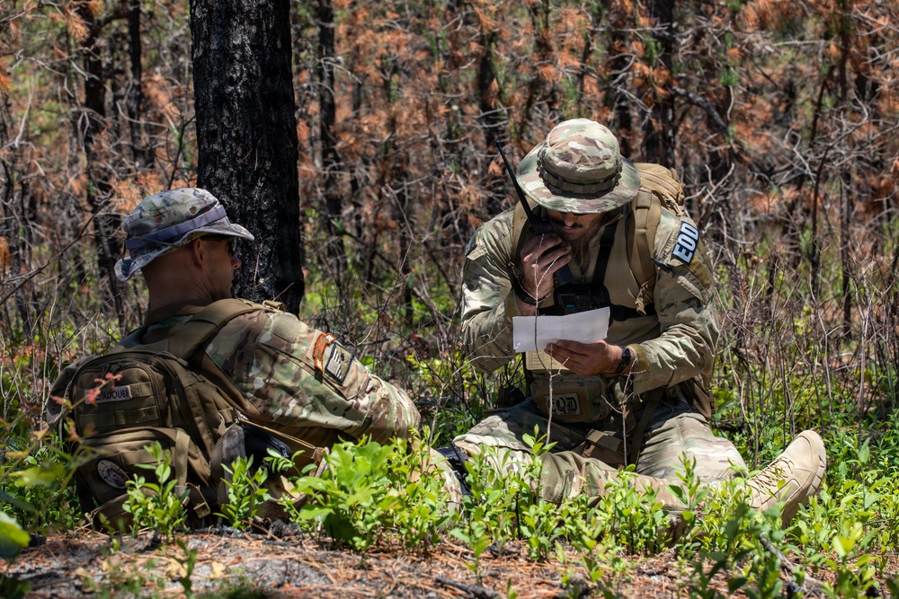 Two military personnel in multicam camouflage uniforms are seated on the ground in a forested area, appearing to review a document. The soldier on the right has a visible 'EOD' (Explosive Ordnance Disposal) patch and is holding a radio while reading a white paper. The surrounding environment shows signs of a previous fire, with charred tree trunks and dead foliage.