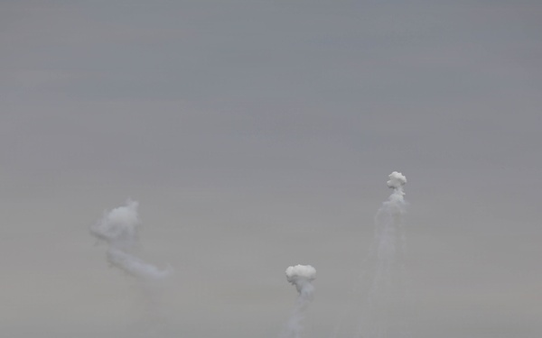 The image shows a distant landscape with multiple white smoke plumes rising from a treeline into an overcast gray sky. Three distinct smoke columns are visible at varying heights, with a broader smoke dispersion pattern along the ground near the treeline. The scene is consistent with artillery, mortar, or smoke munition activity on what appears to be open terrain.
