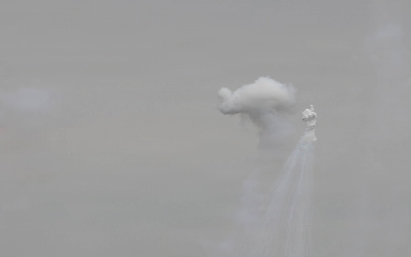 The image shows an aerial burst producing multiple white streaking trails descending from a central explosion point in the sky. A large white cloud of smoke or dispersed material is visible at the apex, with numerous thin white lines radiating downward toward a treeline. Additional smoke is visible at ground level and to the left of the frame.