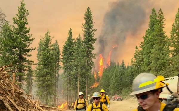 A crew of wildland firefighters in yellow Nomex gear and white hard hats moves along a dirt road away from an active forest fire burning intensely in the background. Large piles of cut logs and brush are visible on the left side of the road, while a white water tender truck is parked on the right. The sky is heavily obscured by orange and brown smoke, indicating a large, active fire event.
