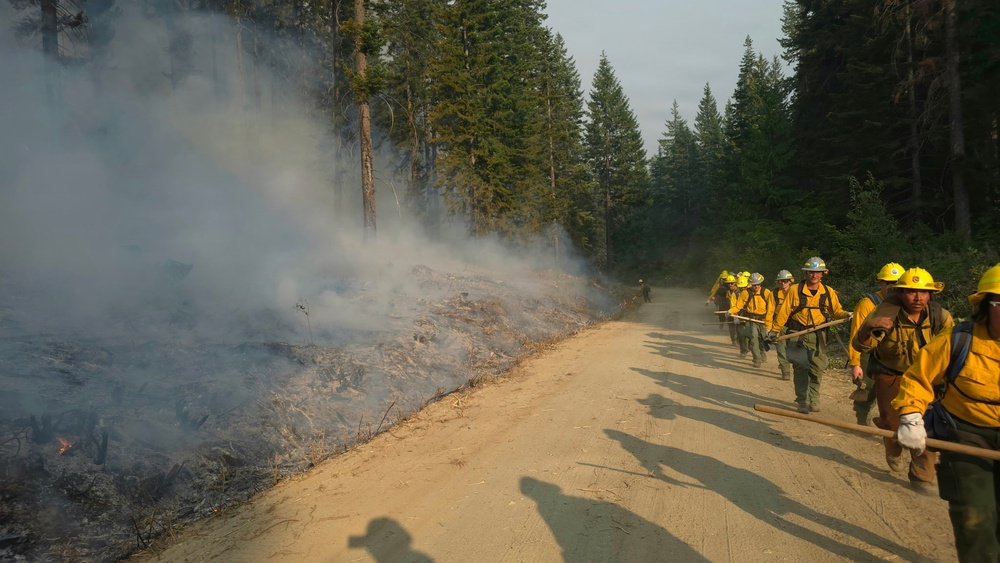 A crew of wildland firefighters in yellow Nomex gear and hard hats march along a dirt forest road adjacent to an active fire line with smoldering ground vegetation and smoke. The crew appears to be a hand crew, likely moving along a containment line or firebreak in a conifer forest. The scene depicts active wildfire suppression operations in what appears to be a western U.S. forest environment.