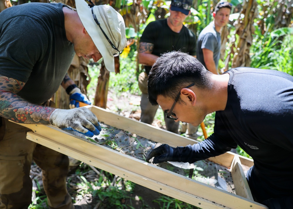 A group of four individuals are working outdoors in a tropical or jungle-like setting, examining the contents of a wooden-framed mesh sifting screen. Two people in the foreground are closely inspecting material on the screen, while two others observe in the background. The activity appears to be archaeological or forensic field work involving soil sifting.