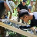 A group of four individuals are working outdoors in a tropical or jungle-like setting, examining the contents of a wooden-framed mesh sifting screen. Two people in the foreground are closely inspecting material on the screen, while two others observe in the background. The activity appears to be archaeological or forensic field work involving soil sifting.