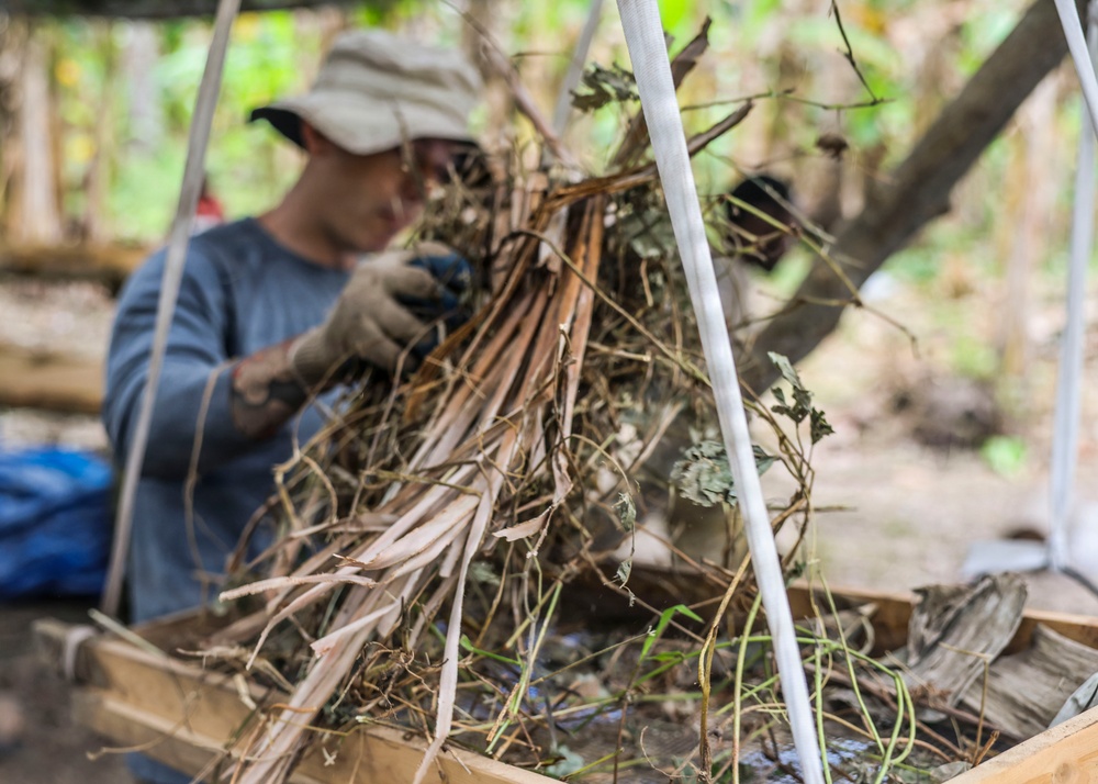 A person wearing a gray long-sleeve shirt, tan baseball cap, and work gloves is handling a large bundle of dried plant material, stems, and organic debris outdoors. The foreground shows a wooden frame or sifting box containing wet plant matter and debris. The setting appears to be a wooded or vegetated outdoor work area.