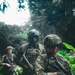 The image shows a group of armed military personnel conducting a patrol through a dense jungle or tropical forest environment. At least three soldiers are visible, wearing camouflage uniforms and tactical gear, with one displaying a US flag patch. The soldiers are equipped with rifles and tactical helmets, suggesting an active training exercise or operational patrol.