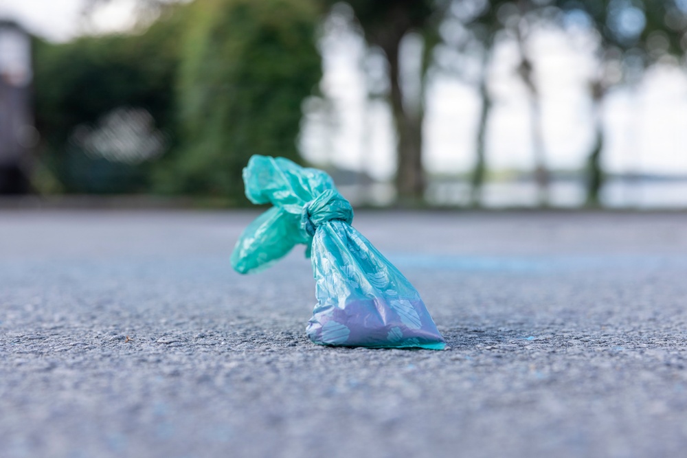 A small teal/turquoise plastic bag, tied at the top, sits on a paved surface such as a sidewalk or road. The bag appears to contain some material, likely dog waste based on its size, shape, and context. The background is blurred, showing trees and what appears to be a body of water in a park-like setting.