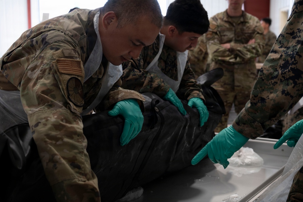 Military personnel in mixed camouflage uniforms (OCP/Army and MARPAT/Marine) are working together at a table, handling a black body bag while wearing green nitrile gloves and gray aprons. The scene appears to be a mortuary affairs or remains handling training exercise. Additional uniformed personnel observe in the background.