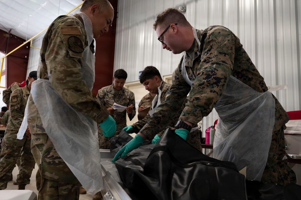Military personnel in mixed uniforms (Army OCP and Marine MARPAT camouflage) are conducting what appears to be a mortuary affairs or mass casualty training exercise. They are wearing protective aprons and green nitrile gloves while handling a black body bag on a table. Additional personnel in the background appear to be taking notes or documenting the procedure.