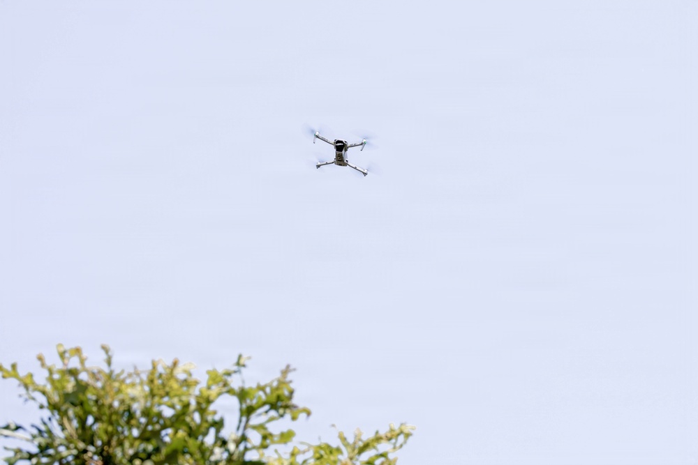 A small quadcopter drone is captured in flight against a pale blue sky. The drone appears to be hovering or moving at a moderate altitude above tree level. A green leafy tree canopy is visible in the lower left corner of the frame.