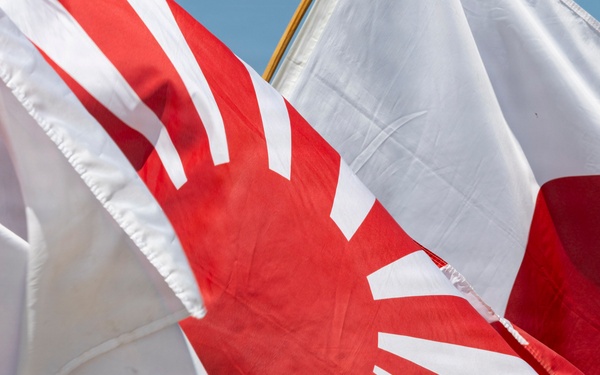 The image shows multiple Japanese flags flying together outdoors in what appears to be a sunny setting. Visible are both the standard Japanese national flag (Nisshōki/Hinomaru) featuring a red circle on white, and the Japanese Rising Sun flag (Kyokujitsu-ki) featuring a red sun with radiating rays on white. The flags are in motion, suggesting wind, and are photographed in close-up from below.