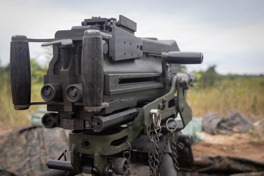 The image shows a close-up view of a crew-served automatic grenade launcher mounted on a tripod, likely an Mk 19 or similar belt-fed grenade launcher. The weapon is positioned in an outdoor field environment with vegetation visible in the background. The image captures significant mechanical detail of the receiver, dual spade grips, and mounting hardware.