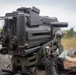 The image shows a close-up view of a crew-served automatic grenade launcher mounted on a tripod, likely an Mk 19 or similar belt-fed grenade launcher. The weapon is positioned in an outdoor field environment with vegetation visible in the background. The image captures significant mechanical detail of the receiver, dual spade grips, and mounting hardware.