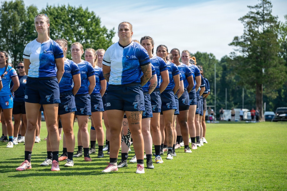 The Air Force Women’s Rugby Team takes the field at the Armed Forces Rugby Championship