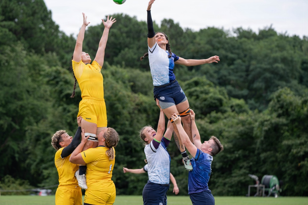 The Air Force Women’s Rugby Team takes the field at the Armed Forces Rugby Championship