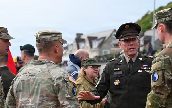 SEA Raines speaks to WVNG Soldiers at Omaha Beach