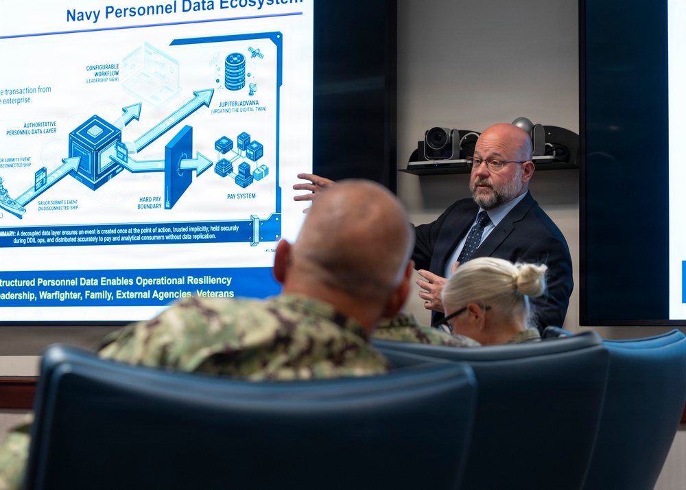 A civilian presenter in a dark suit is briefing military personnel on the 'Navy Personnel Data Ecosystem,' as shown on a large display screen behind him. Two uniformed Navy personnel are seated in the foreground with their backs to the camera, listening to the presentation. The slide details data architecture components including a Hard Pay Boundary, Pay System, Jupiter/Advana digital twin updates, and Authoritative Personnel Data Layer.