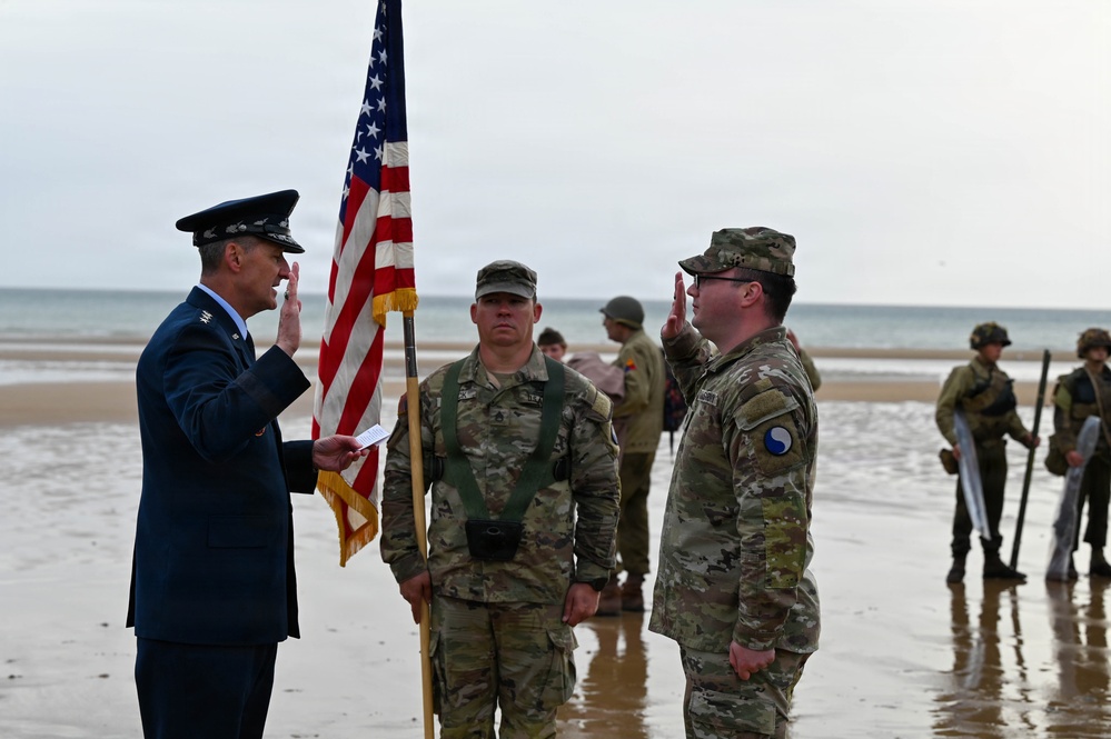 Gen. Nordhaus Administers Oath of Enlistment on Omaha Beach