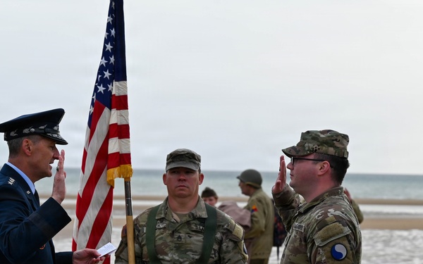 Gen. Nordhaus Administers Oath of Enlistment on Omaha Beach