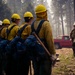 A crew of wildland firefighters in yellow Nomex shirts and hard hats stands in formation in a smoky forest clearing, facing a supervisor or crew boss who is addressing them. The crew is fully equipped with blue backpacks and hand tools including axes and pulaskis. The scene suggests a pre-deployment briefing or morning lineup at a wildfire incident.