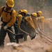 A line of wildland firefighters wearing yellow Nomex fire-resistant jackets and yellow hard hats are working in coordinated formation to construct a fire line. They are using hand tools including Pulaskis, McLeods, and shovels to scrape and clear vegetation from the ground in dusty, smoky conditions. The image captures the physical intensity and teamwork involved in hand-crew firefighting operations.