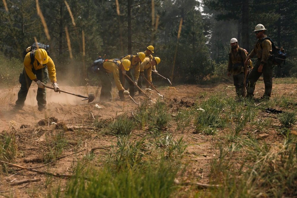A crew of wildland firefighters is constructing a fire line by digging and scraping the ground with hand tools in a forested area. The workers are dressed in standard wildland firefighting gear including yellow Nomex shirts and hard hats. Two supervisors or observers in white hard hats stand to the right watching the crew work.