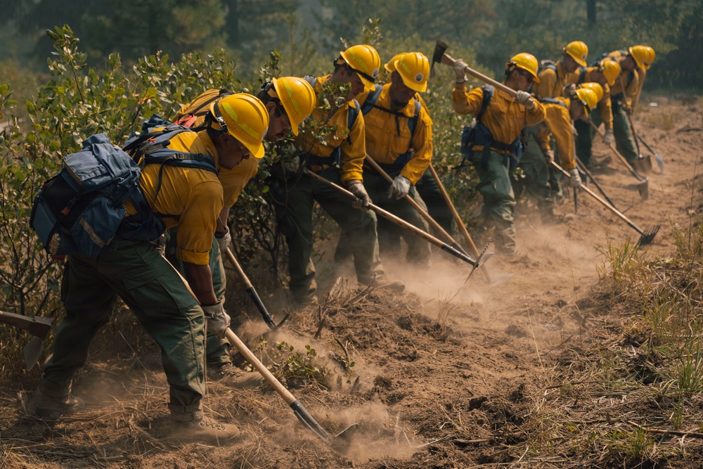 A crew of wildland firefighters, commonly known as a 'hotshot crew,' is working in a coordinated line to construct a firebreak by clearing vegetation and digging into the soil. The workers are uniformly equipped in yellow Nomex fire-resistant shirts, green pants, and yellow hard hats. The image captures intense physical labor with dust rising from the ground as the crew works in synchronized formation.